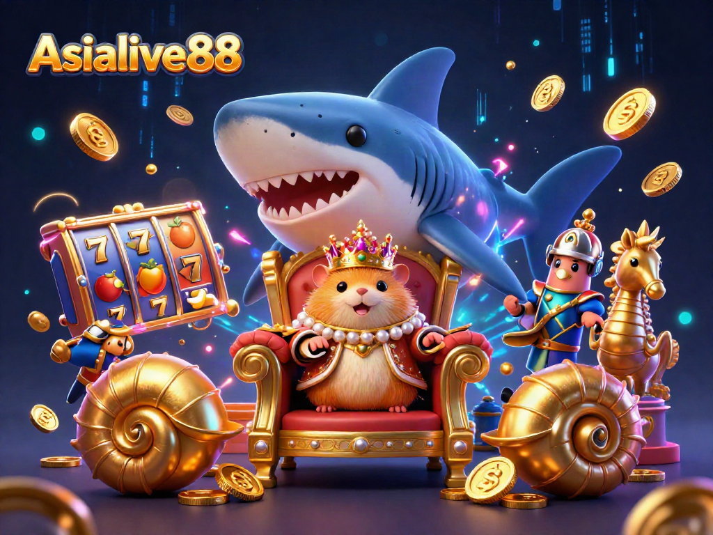 Engage with Asialive88 through an immersive illustration featuring a throne made of shark teeth and a hamster king.