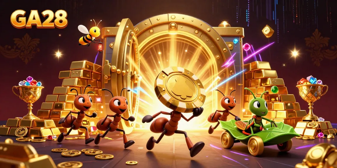 GA28 showcases a vibrant 3D scene with ants heisting a giant poker chip, surrounded by treasure.