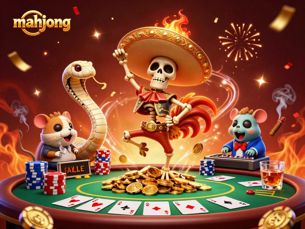 Enjoy thrilling mahjong gameplay with vibrant characters and casino elements in this dynamic 3D illustration.
