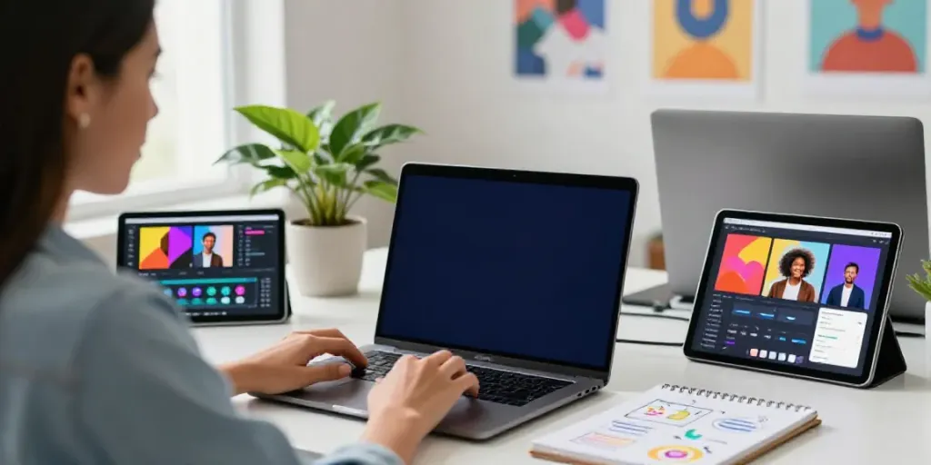 Creating affordable AI social media video content in a vibrant workspace.