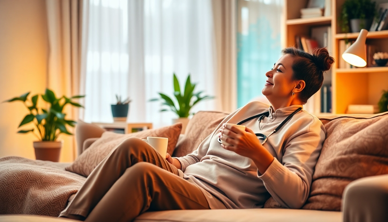 Support family caregiver break home care by highlighting relaxation in a cozy home setting.