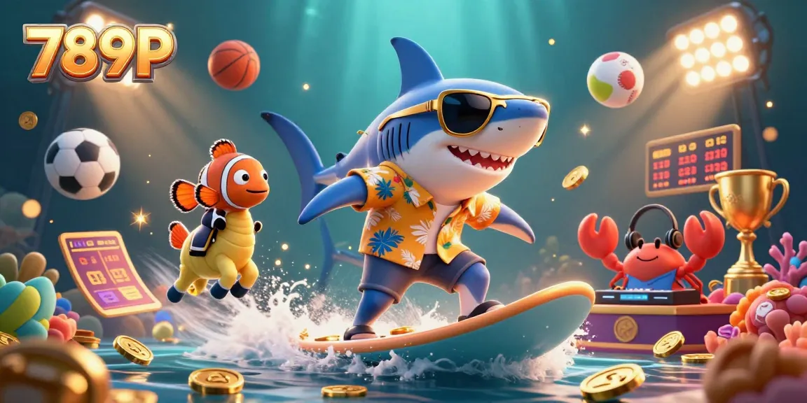 Experience winning fun at 789P with lively casino characters surfing on gold coins, surrounded by dynamic sports elements.