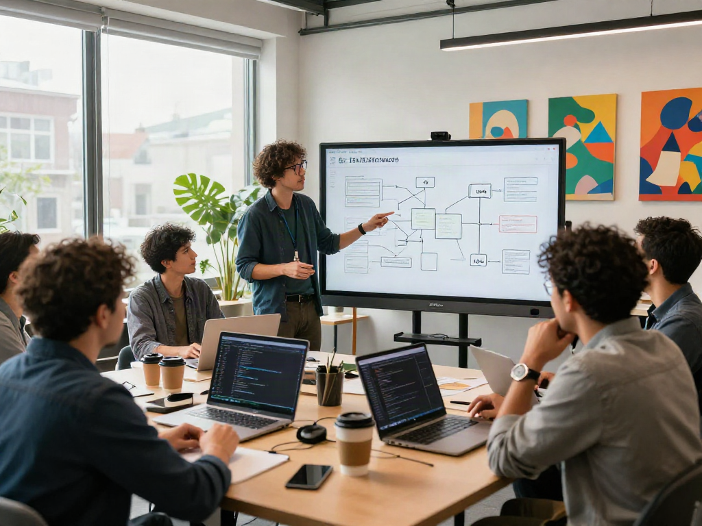Team collaborating on software development at Crushon startup, showcasing innovation and teamwork in a modern workspace.