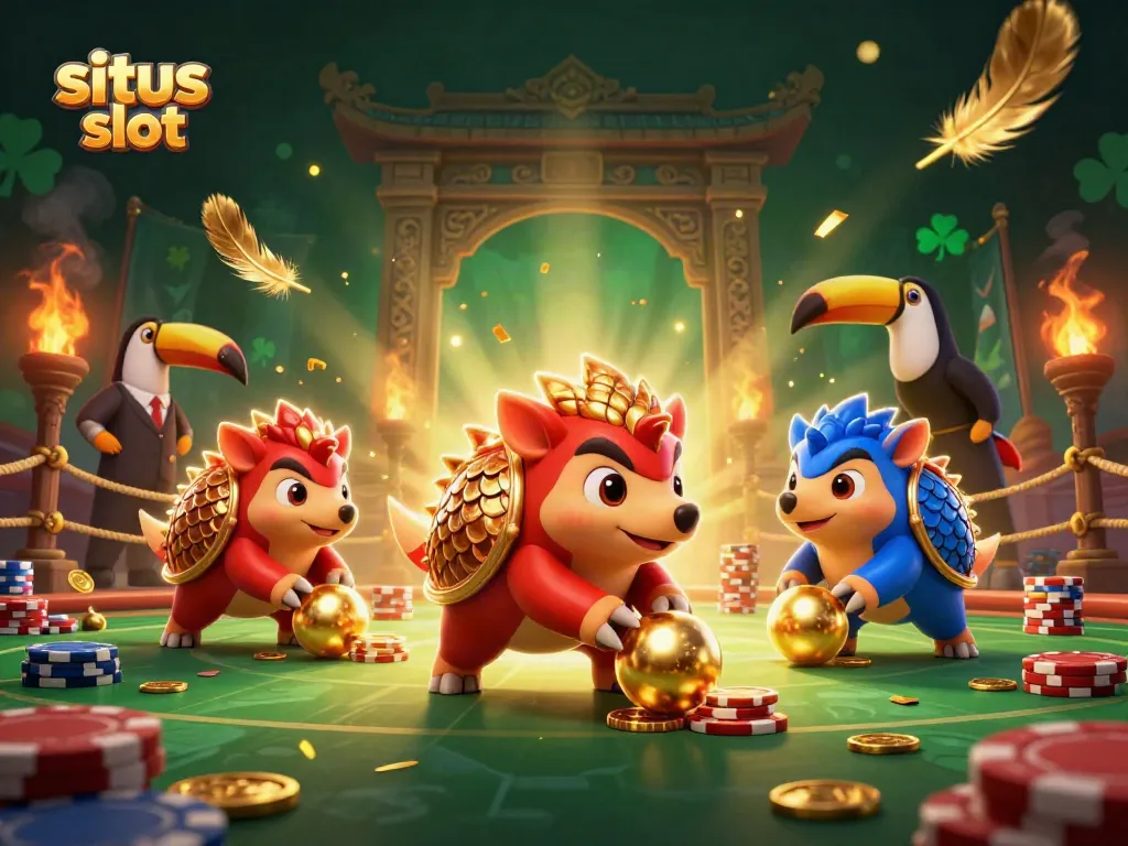 Menangkan permainan situs slot dengan pangolin berlomba dan tumpukan chip poker bersinar.