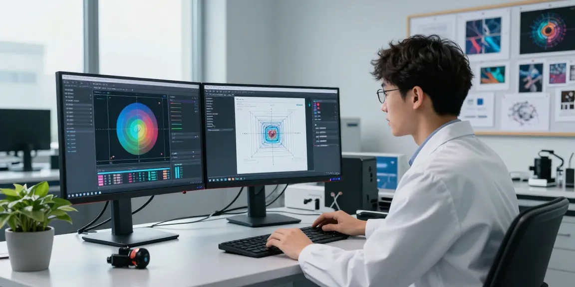 Data scientist analyzing AI Image Detector software in a modern lab setting