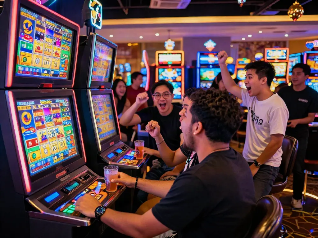 Friends celebrating a win at a "slot gacor" machine in a lively casino.