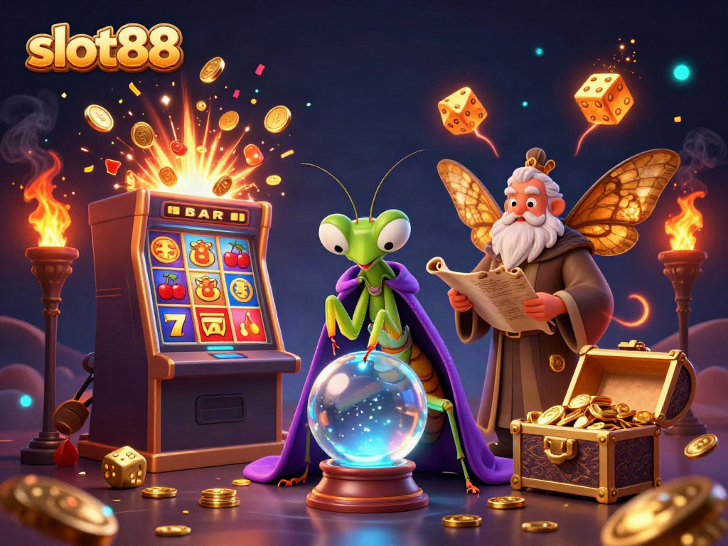 Visualisasi menakjubkan dari slot88 di kasino, dengan maskot seperti mantis dan ngengat, mempromosikan permainan slot