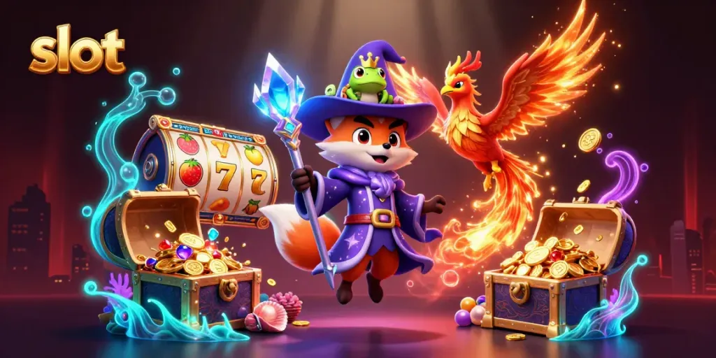 Spin the slot reels with the wizard and phoenix in this magical gambling scene.