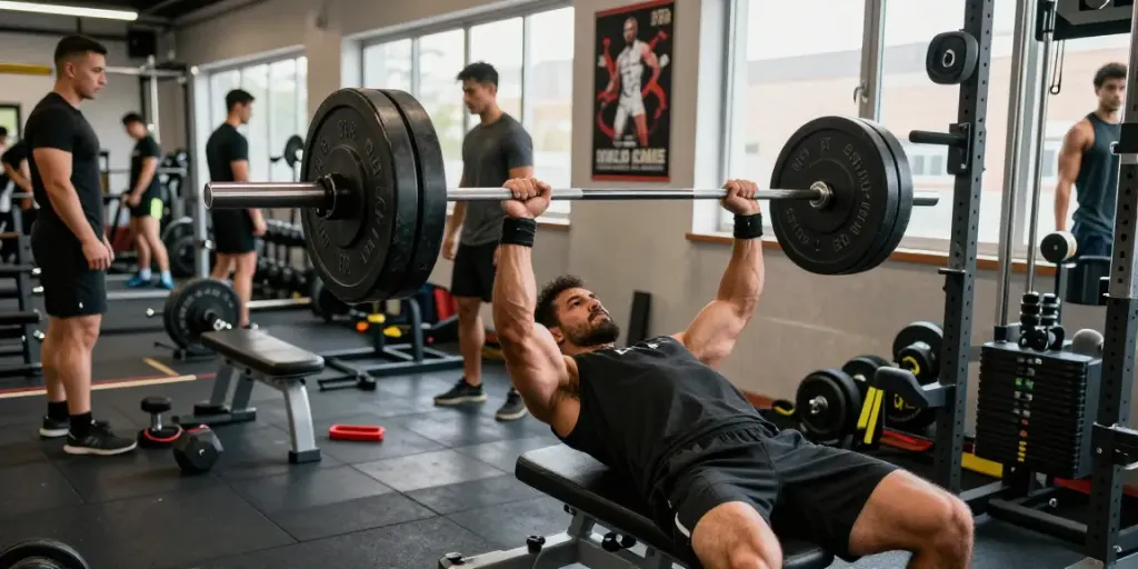 A muscular man lifting weights in a dynamic gym environment, representing the benefits of steroidi online for bodybuilding and strength training.