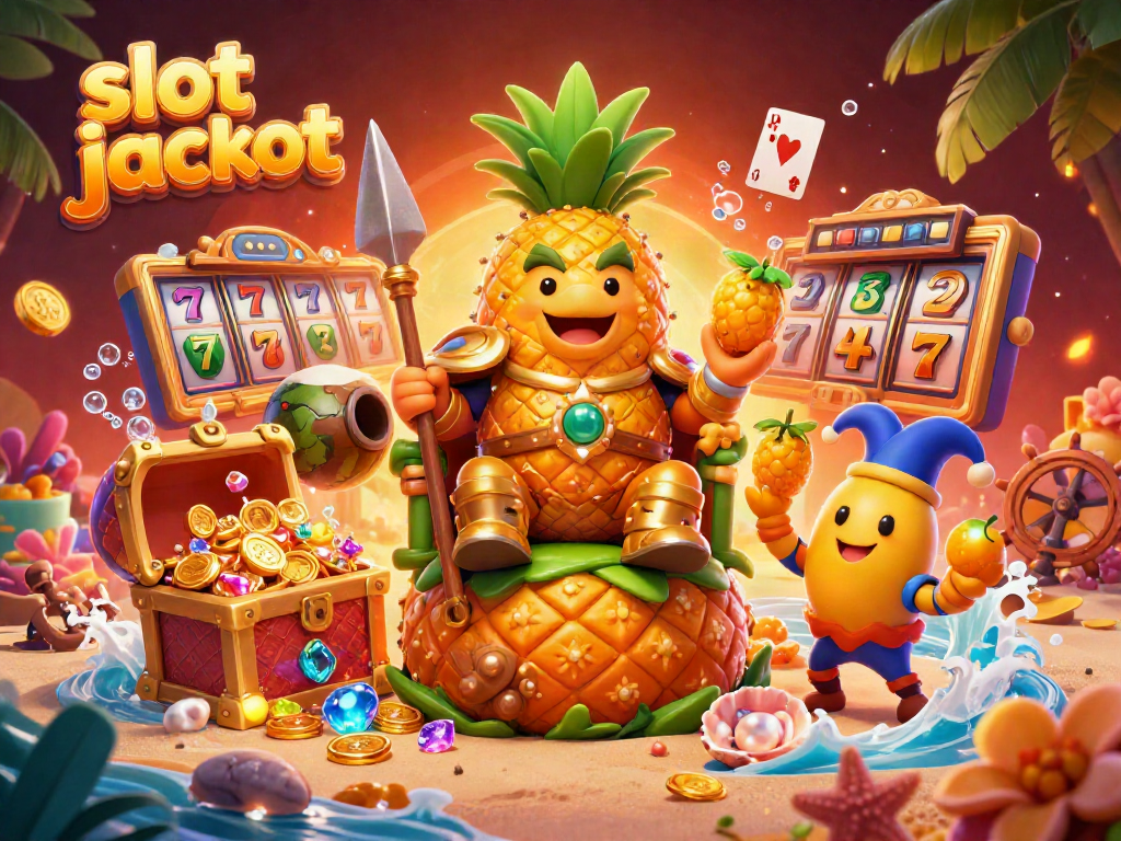 Experience the thrill of a slot jackpot with a colorful beach casino illustration featuring a pineapple king and his tropical guards.