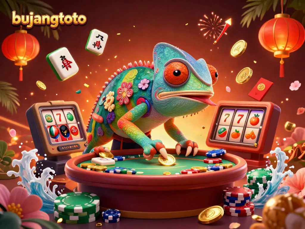 Bujangtoto casino scene featuring a vibrant chameleon owner capturing golden coins among dynamic gaming elements.