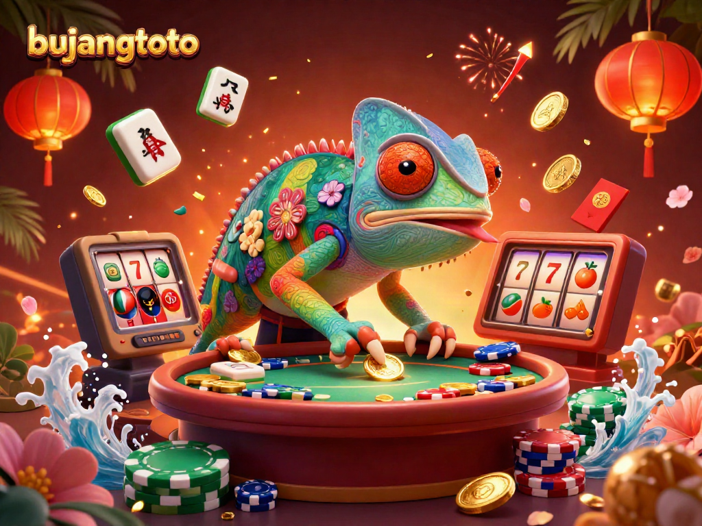Bujangtoto casino scene featuring a vibrant chameleon owner capturing golden coins among dynamic gaming elements.