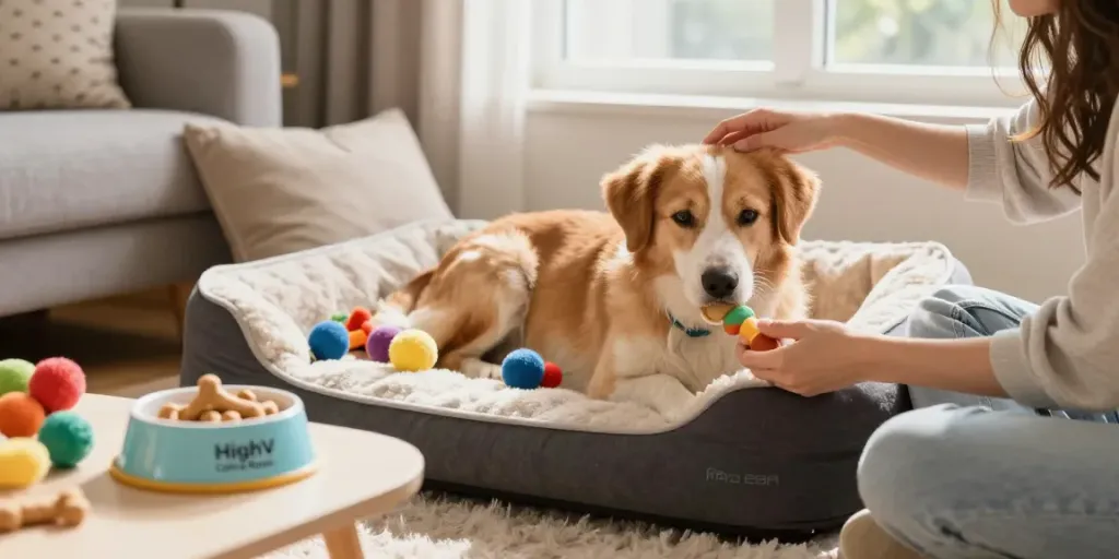 Calming Dog Treats beside a relaxed dog in a cozy living room