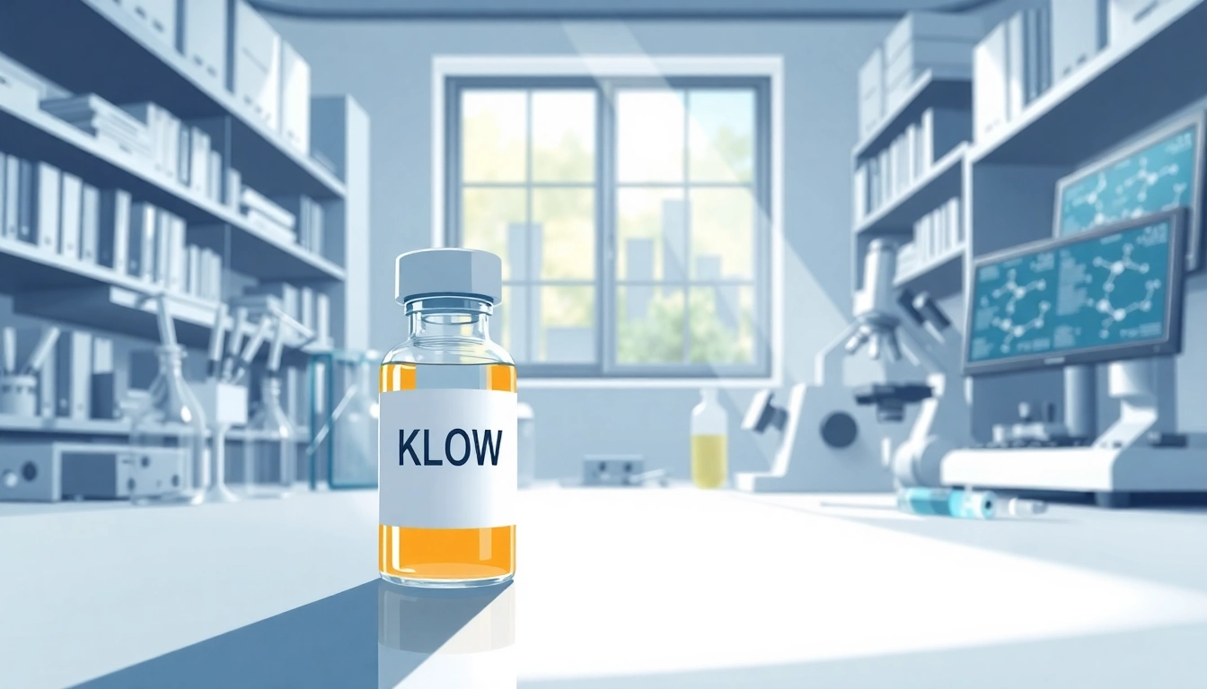 Shop klow for sale with KLOW peptide vial in a lab, showcasing scientific equipment.
