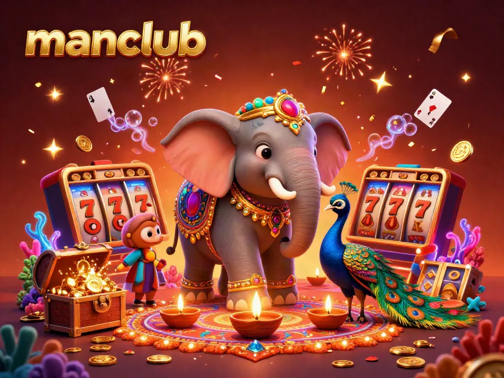 Engage with manclub as the Diwali-themed elephant and peacock elevate your gaming experience at this vibrant casino.