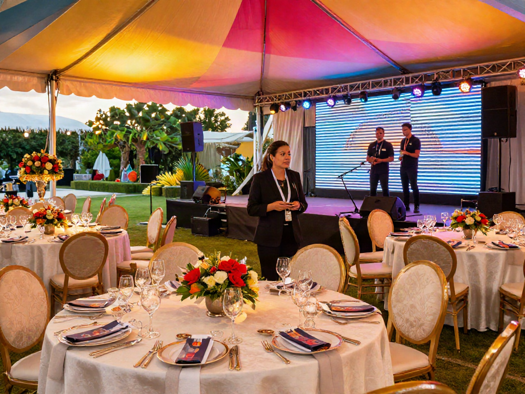 Event rentals set up at an outdoor gala showcasing premium décor and AV technology