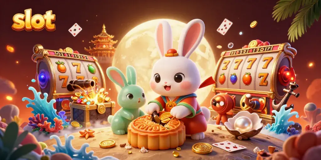 Slot video yang menunjukkan kelinci bulan memukul kue bulan yang menghasilkan chip poker.