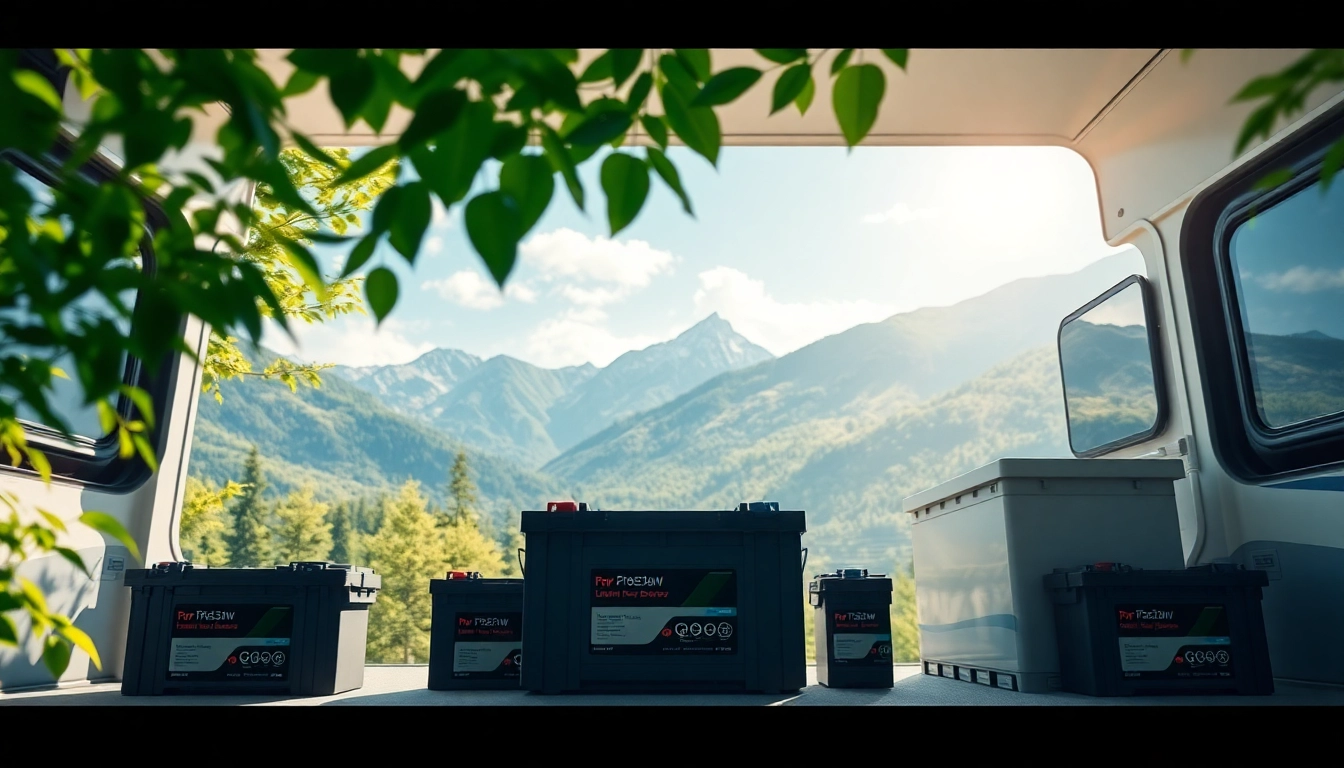 Showcasing lithium RV batteries in a scenic RV setting with natural surroundings.
