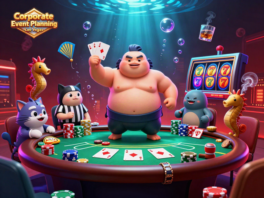 Engage in Corporate Event Planning Las Vegas with a vibrant gaming scene showcasing a cartoon fugu and poker elements.
