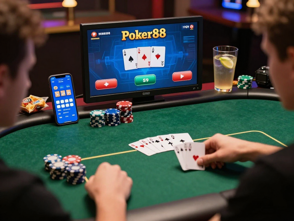 Poker88 online gaming experience with player engaged in a thrilling match surrounded by virtual cards and chips.
