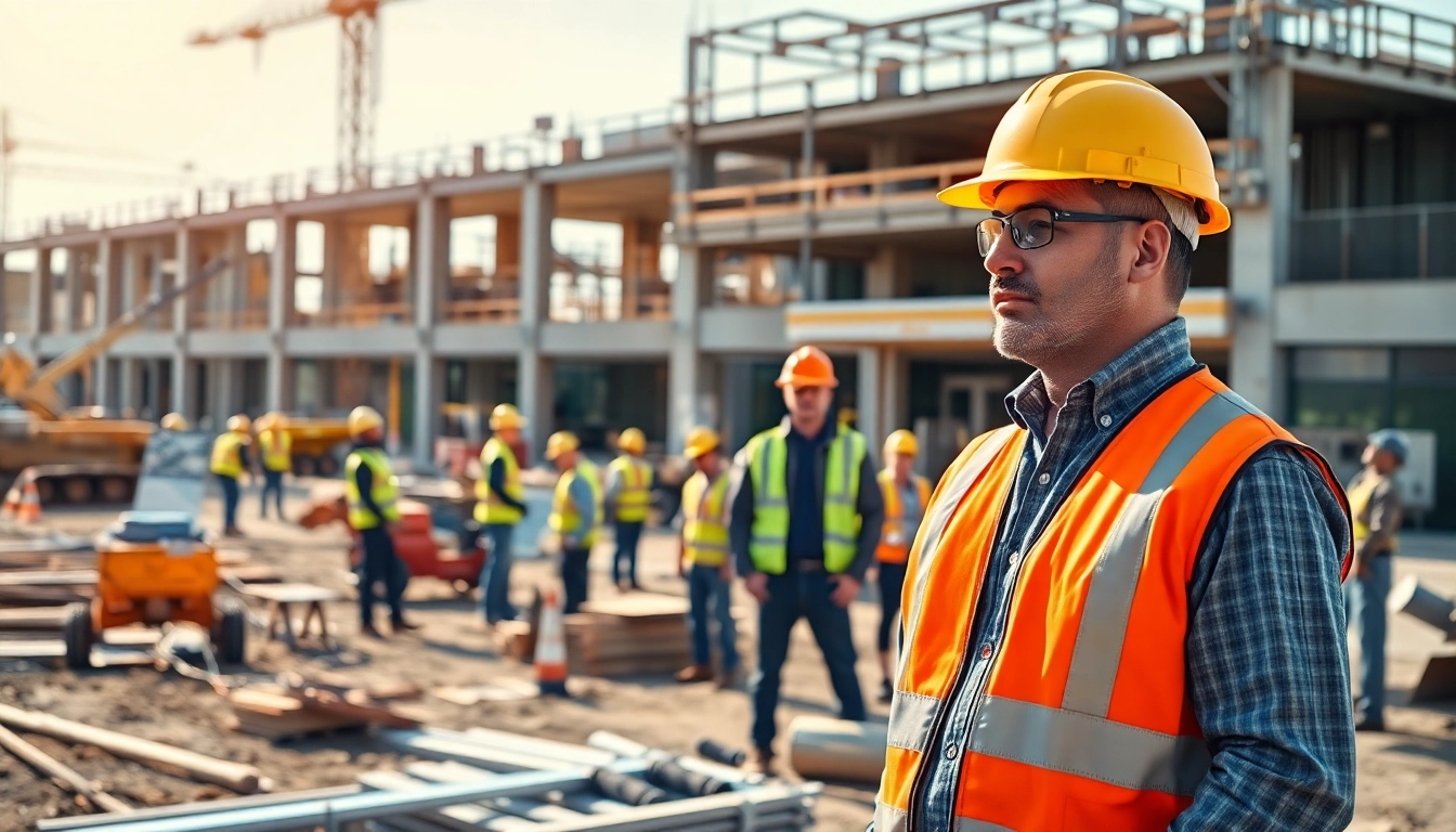 New Jersey Commercial General Contractor supervising a bustling construction site with a focus on teamwork and professionalism.