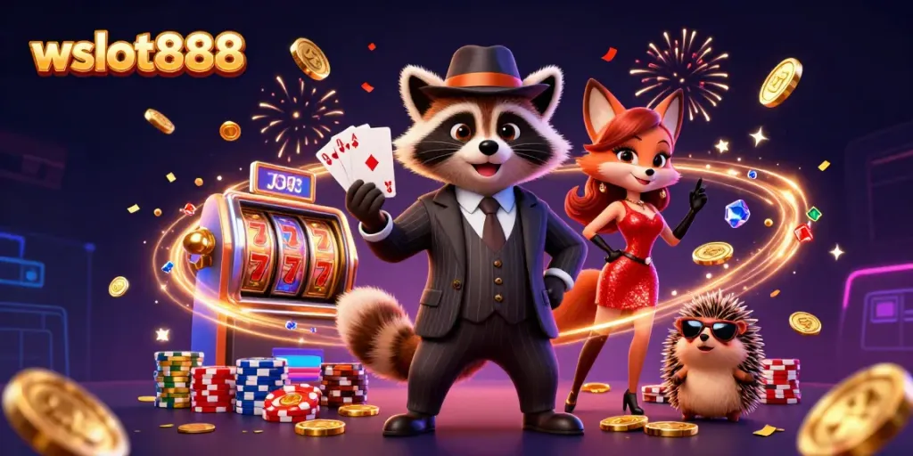 Bermain slot dengan wslot888 yang melibatkan rakun, rubah, dan landak di dunia kasino yang penuh gemerlap.