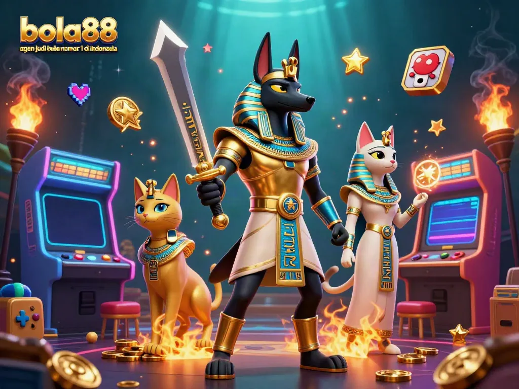 Bettors experience bola88 agen judi bola nomor 1 di indonesia with an Egyptian warrior and sacred cat amid vibrant gaming elements.