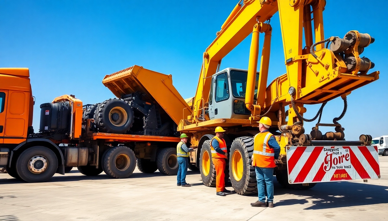 Workers coordinating equipment hailing at a bustling construction site with heavy-duty machinery.