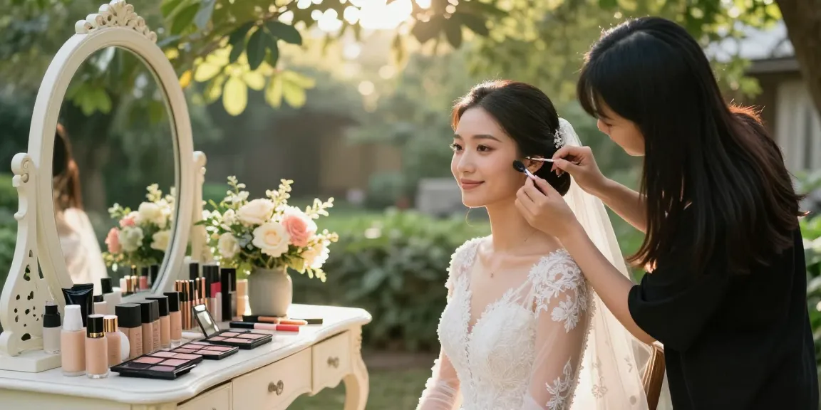 Trucco sposa: Sposa felice si prepara con trucco naturale in un ambiente sereno.