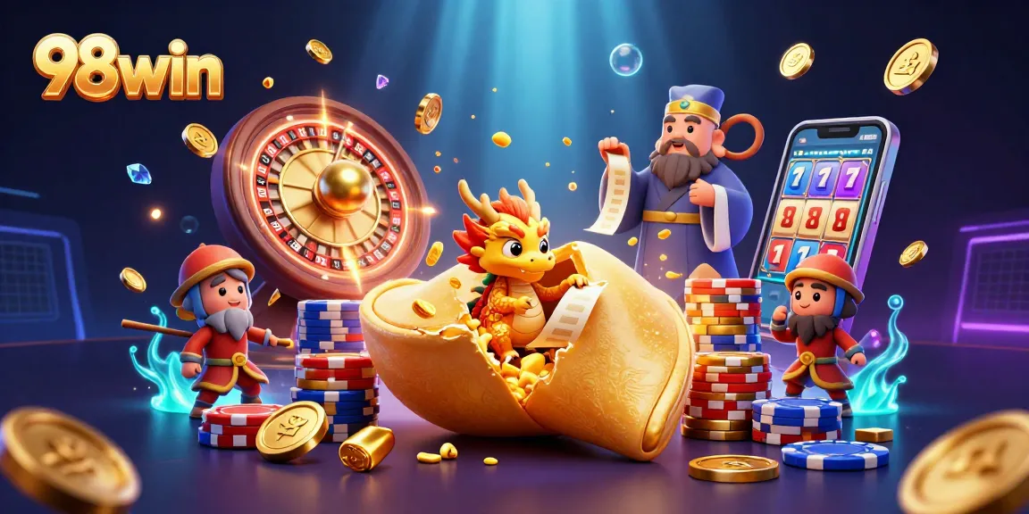 Win big with 98win's golden fortune cookies and vibrant casino elements