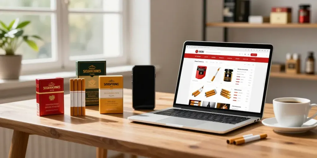 Shop top smoke and tobacco cigarettes online wholesale with offers displayed on a laptop.