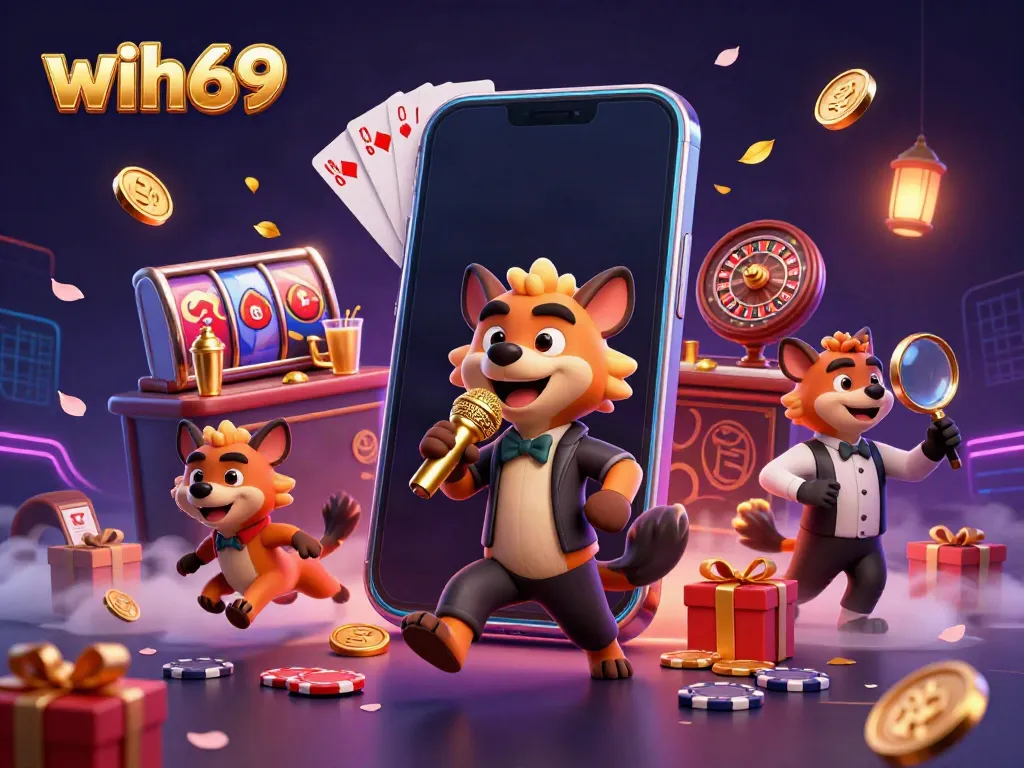 Hyena lucu di casino menampilkan wih69 sebagai komedian, bartender, dan pengawas ID di tengah permainan slot yang hidup.