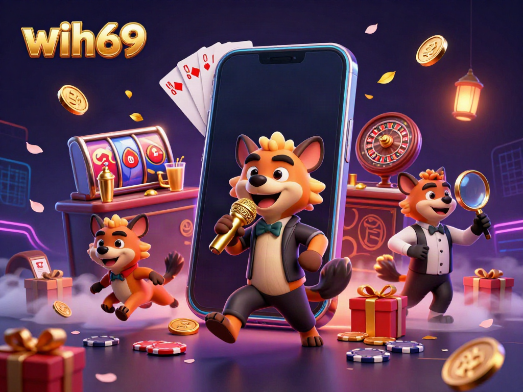 Hyena lucu di casino menampilkan wih69 sebagai komedian, bartender, dan pengawas ID di tengah permainan slot yang hidup.