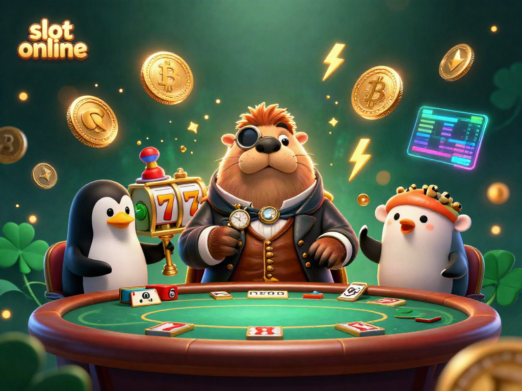 Enjoy thrilling slot online games in our colorful, animated casino scene with whimsical characters.