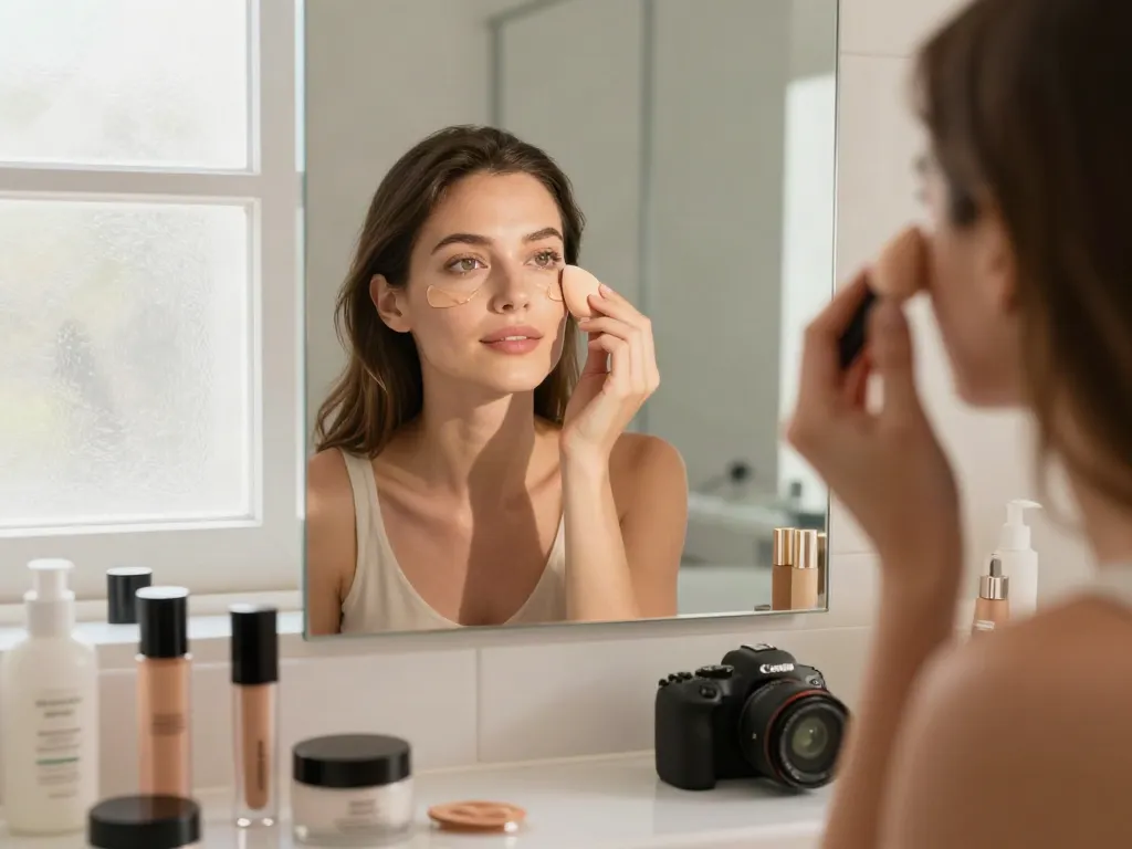 Augenringe abdecken mit Concealer und Feuchtigkeitspflege in hellen Badezimmer.