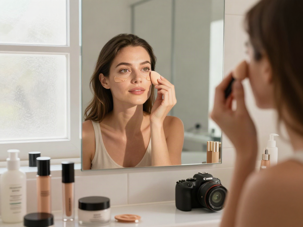 Augenringe abdecken mit Concealer und Feuchtigkeitspflege in hellen Badezimmer.