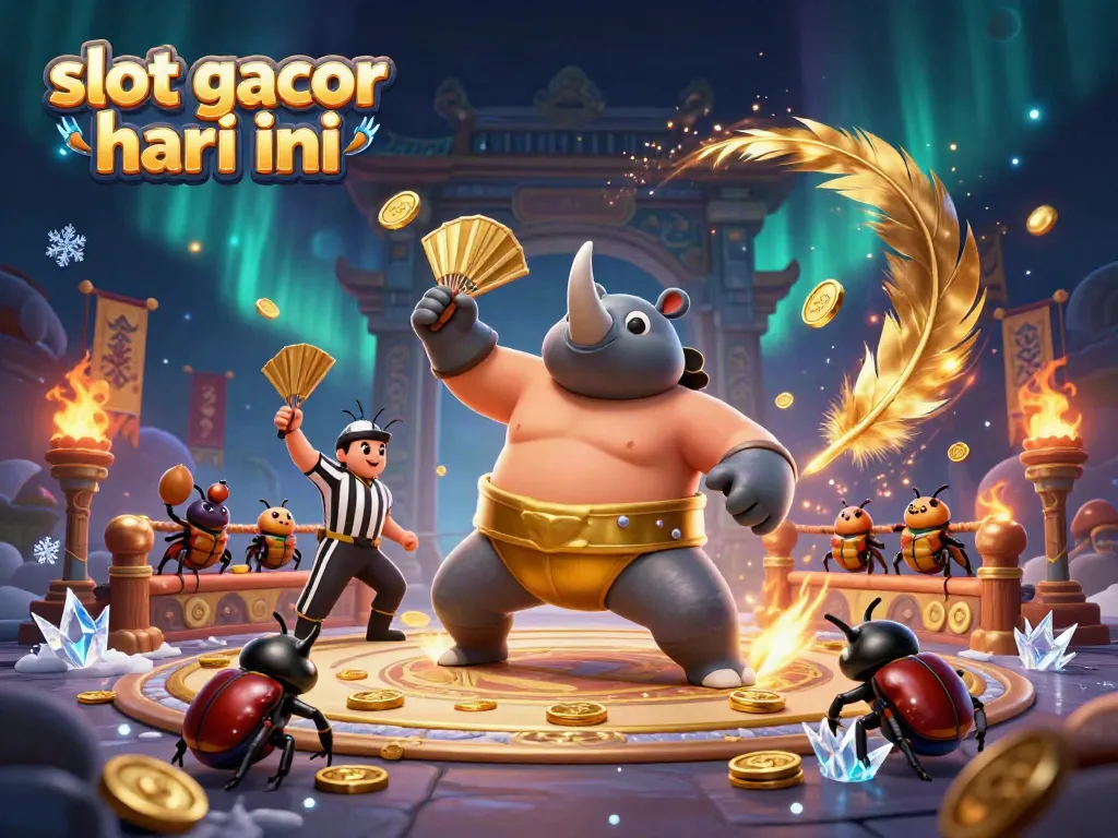 Experience the thrilling action of slot gacor hari ini with a dynamic sumo beetle champion emanating gold coins.