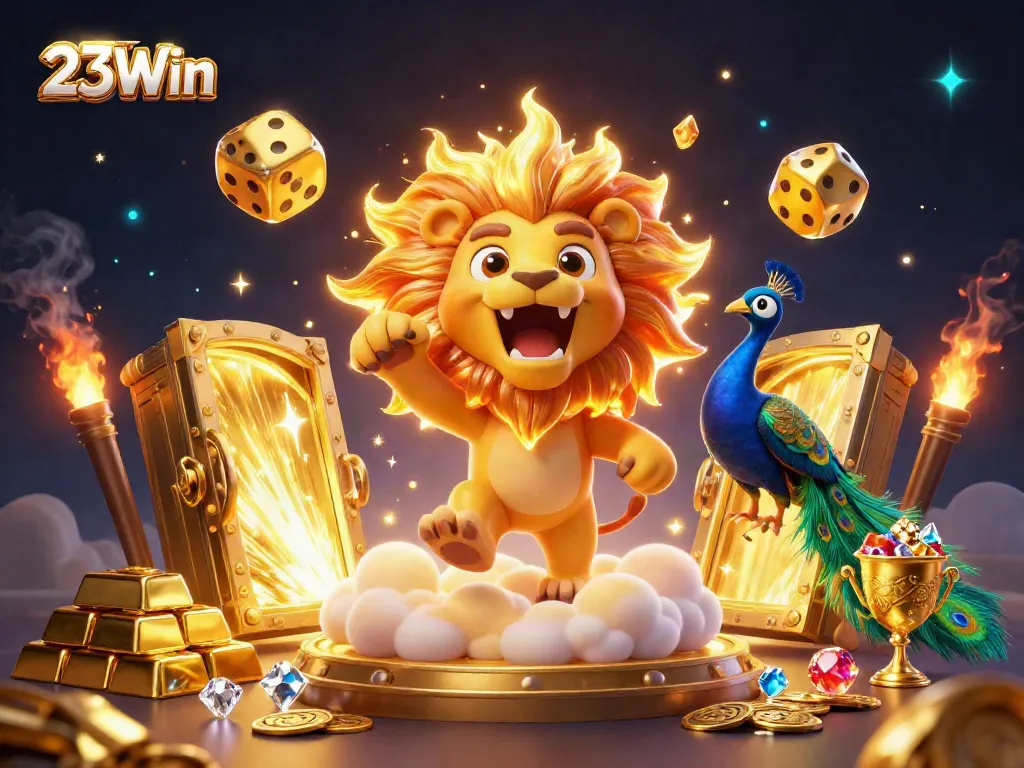 Experience the thrilling casino action of 23Win with vibrant golden elements and dynamic characters.