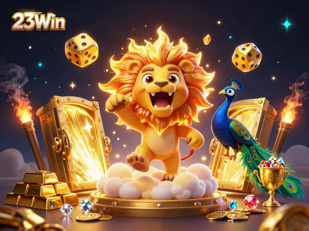 Experience the thrilling casino action of 23Win with vibrant golden elements and dynamic characters.