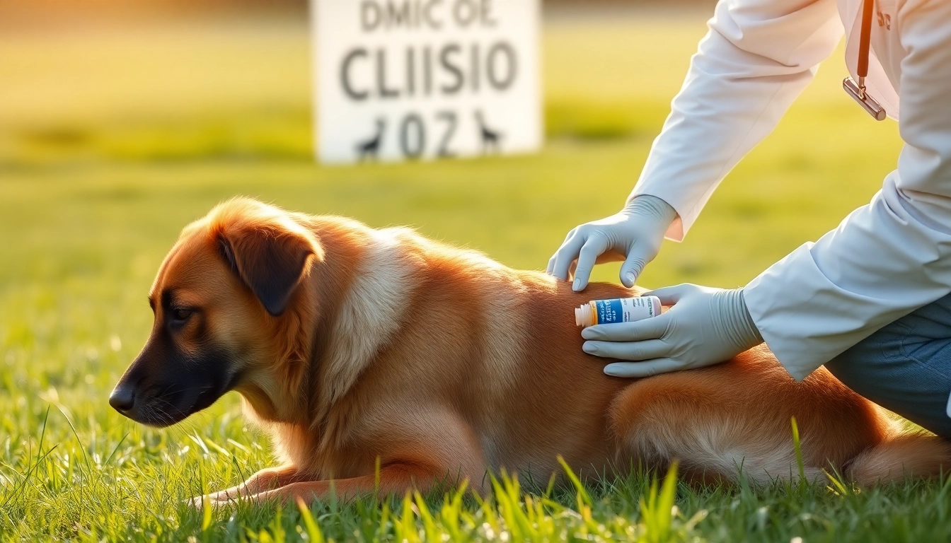 Applying DMSO for dogs on a dog's leg in a natural and calming environment.