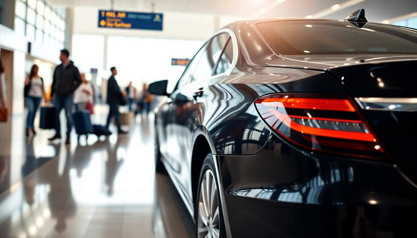Luxury car ready for Boston Logan airport car service in a vibrant airport setting.