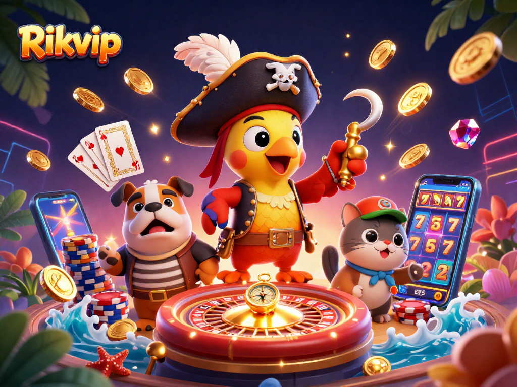 Experience exciting gaming action at Rikvip with vibrant characters and a dynamic casino scene.