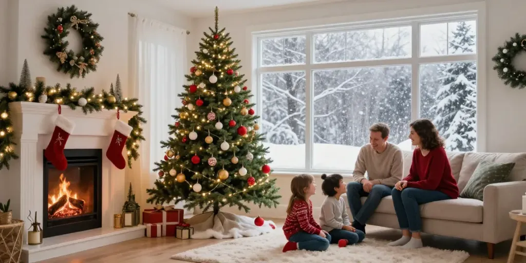 Family enjoying time by a skinny Christmas tree in a warm living room.