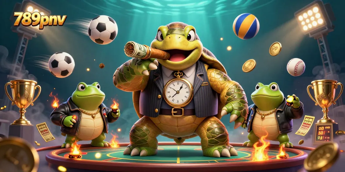 Experience the excitement of 789pnv with a vibrant 3D casino illustration featuring a mobster snapping turtle and sports elements.
