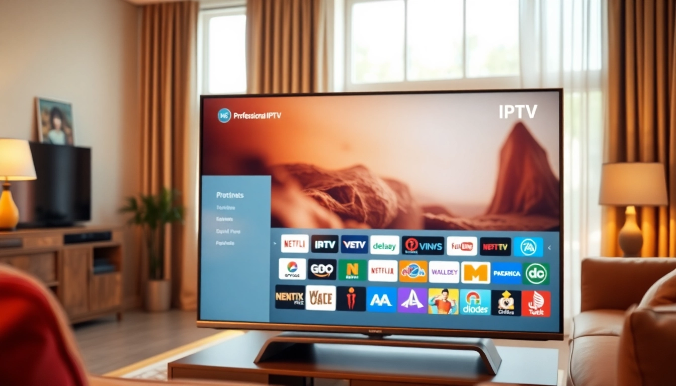 Watch free trial iptv showcasing a modern TV in a cozy living room with diverse channels.