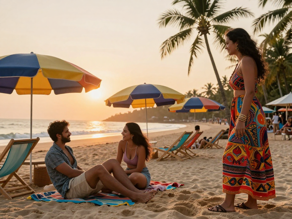 Goa escort engaging with a couple at a beach sunset.