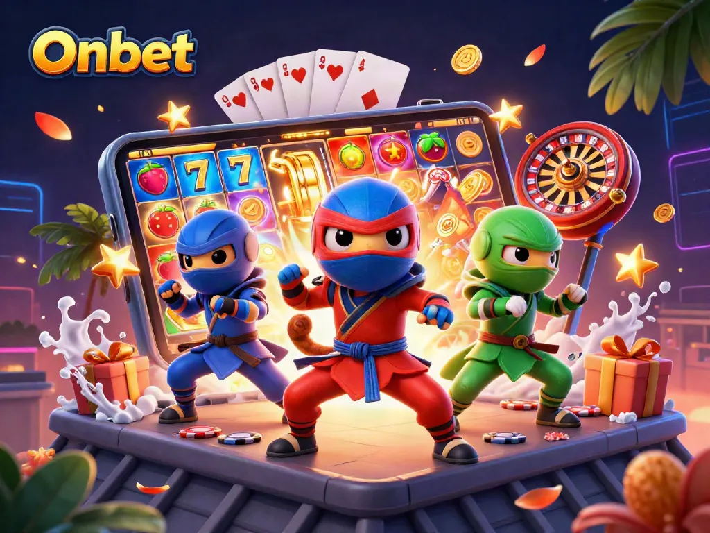 Engage with Onbet's thrilling slot game as chameleon ninjas showcase synchronized moves surrounded by casino elements.
