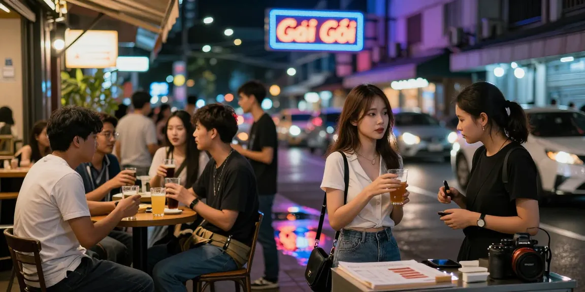 Cảnh phố đêm sôi động với gái gọi tự tin bên quán cà phê, ánh đèn neon phát sáng.