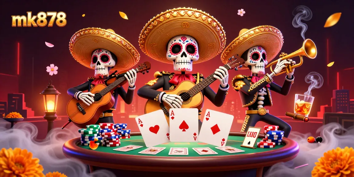 Experience the thrill of mk878 with a vibrant 3D Day of the Dead casino scene full of action.