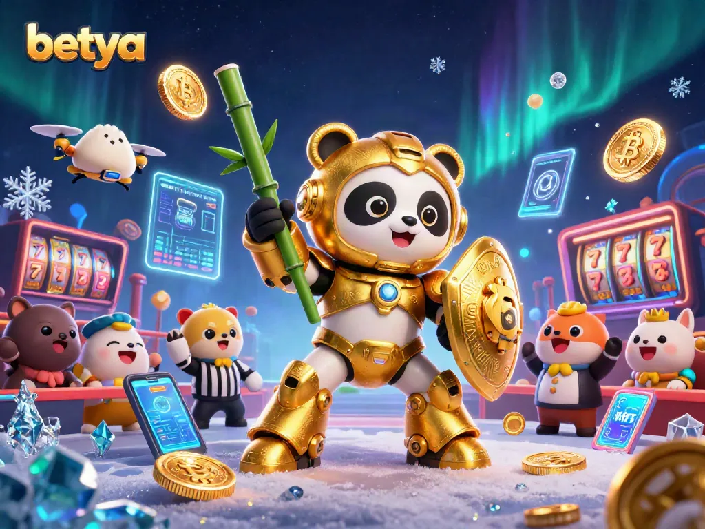 Spin the reels at Betya with a vibrant 3D casino illustration featuring a golden mech-suit panda!